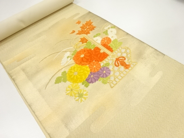 JAPANESE KIMONO / ANTIQUE BOLT FOR NAGOYA OBI / SILK / WOVEN FLOWER BASKET PATTERN